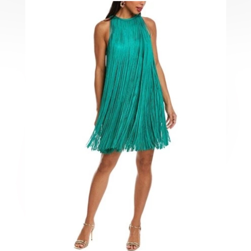 Herve Leger Racer Fringe Mini Dress Sz L Green Bandage Sleeveless